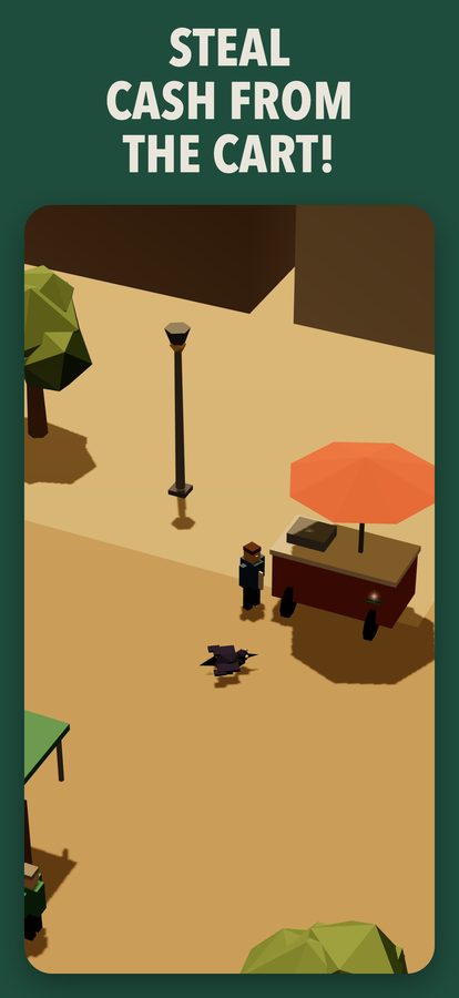 A crow on the paving beside a hot dog cart with an orange umbrella, watched by its vendor, under the words Steal cash from the cart.