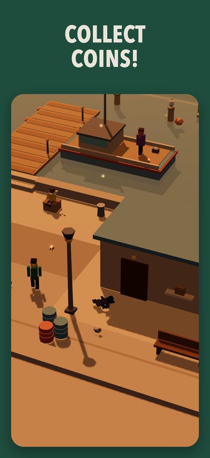A crow on the wharf at sunset, barrels and a lamppost on the quay, a boat moored behind, under the words Collect coins.